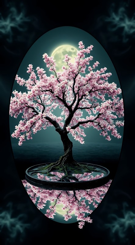 月下粉樱映水影