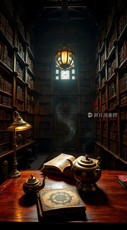 古旧书架上的茶具与书籍