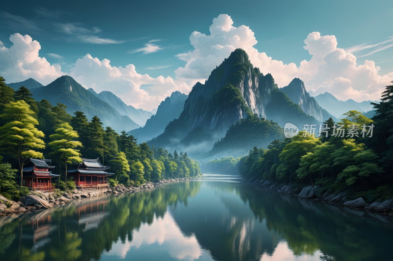 山木倒映在有塔的河里高清风景插画图片