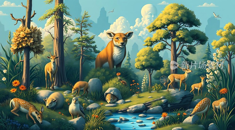 森林秘境狐狸与鹿的和谐世界