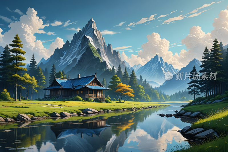 山中小屋作湖泊和山脉高清风景插图片