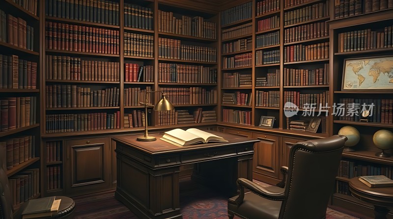 书架环绕的书房桌上摊开的书本