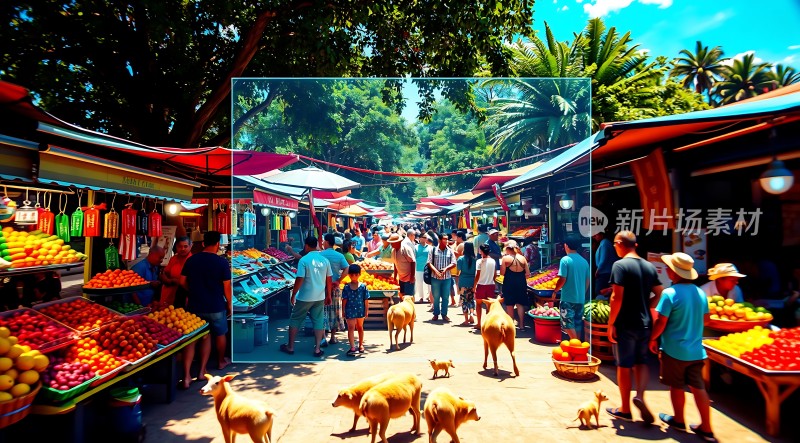 热闹集市水果琳琅满目人群熙攘狗儿闲逛
