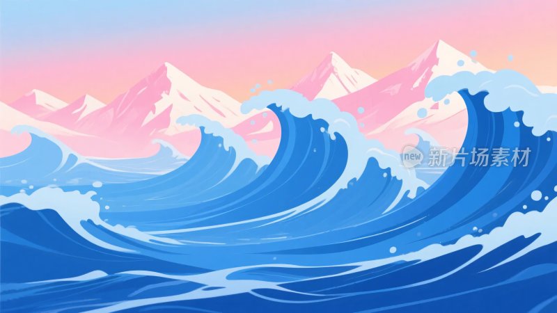 海浪与远山的唯美插画
