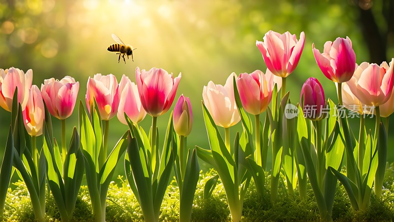 阳光下的蜜蜂与郁金香