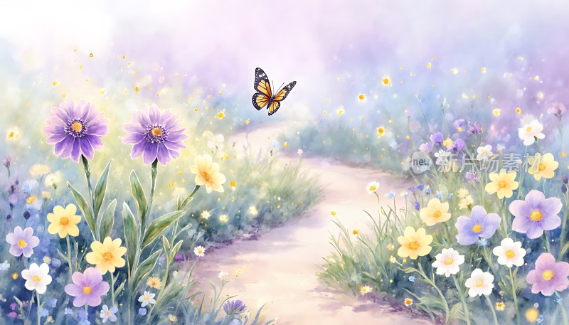 紫色花海中的蝴蝶翩翩起舞
