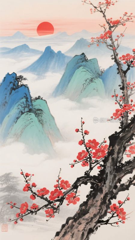 红梅映山红日图