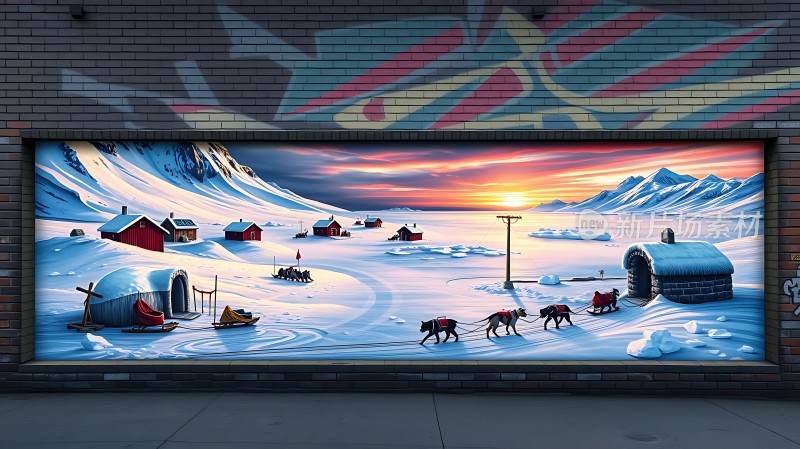 极地风光雪原上的日落与狗拉雪橇