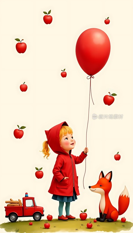 红衣女孩与狐狸共度苹果气球时光