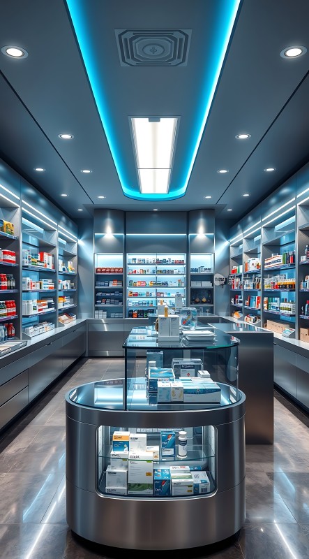 现代药房整洁明亮药品陈列整齐环境舒适宜人