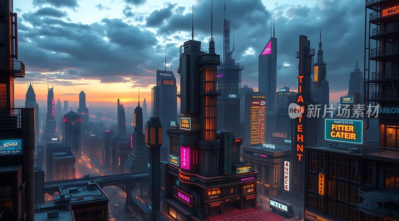 未来都市夜景霓虹闪烁的高楼大厦