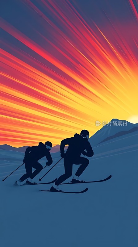 日出滑雪者剪影