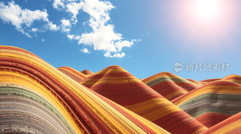 彩色山丘下的蓝天白云