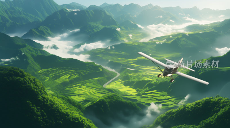 一架小型飞机飞行在连绵不断的绿色山脉上空