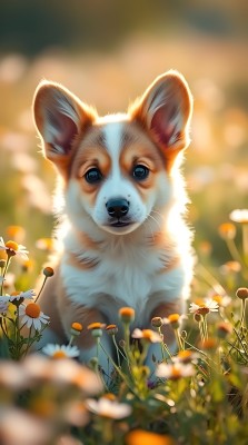 阳光下的柯基犬与野花