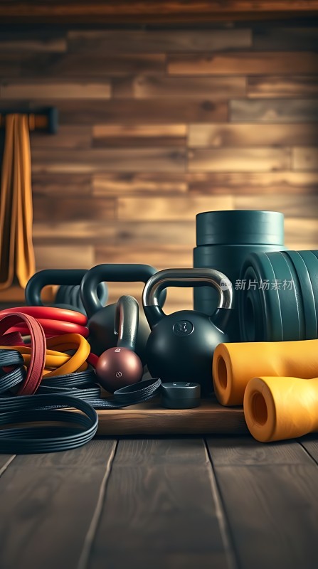 健身器材展示哑铃、弹力带与瑜伽垫