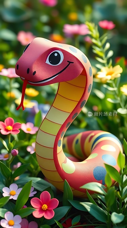彩色蛇在花丛中微笑