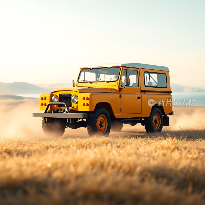 黄色越野车在金黄麦田中疾驰