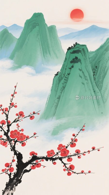 山水间红梅映日图