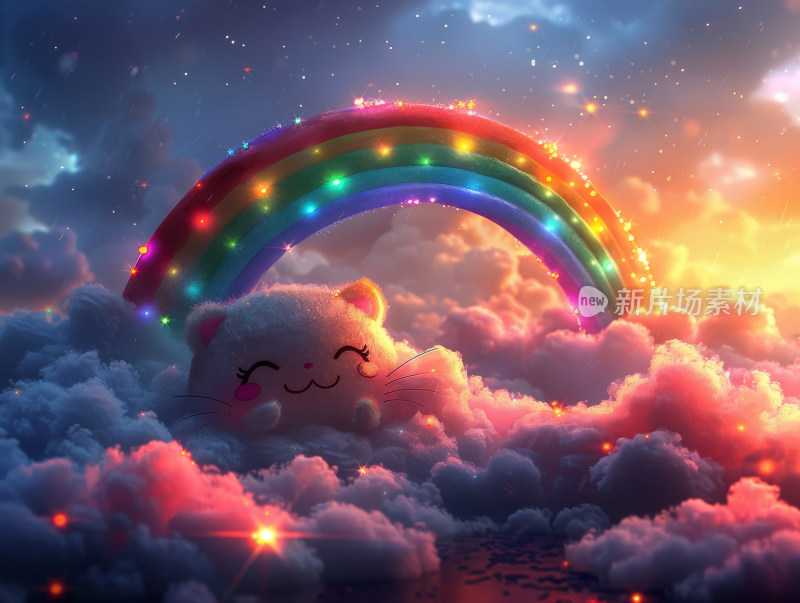 彩虹云朵上的梦幻猫咪