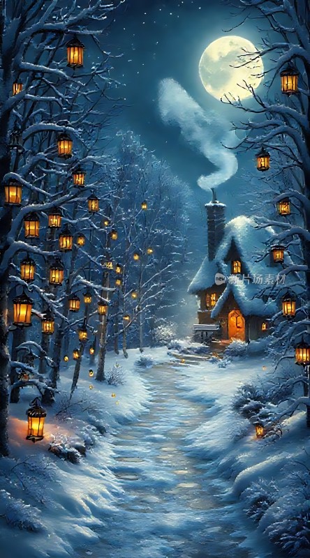雪夜小屋与月光下的灯笼之路
