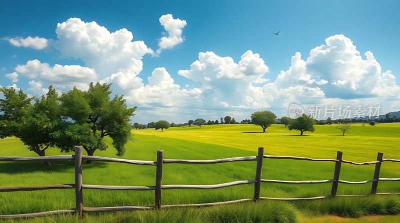 蓝天白云下的绿色草地和树木