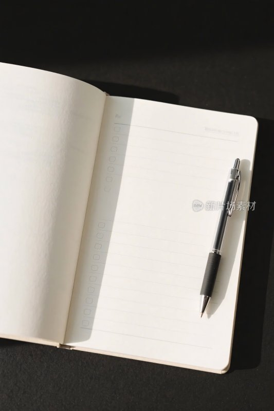 翻开的笔记本与钢笔