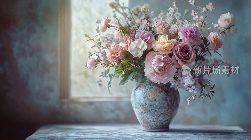 窗边花瓶中的多彩花卉