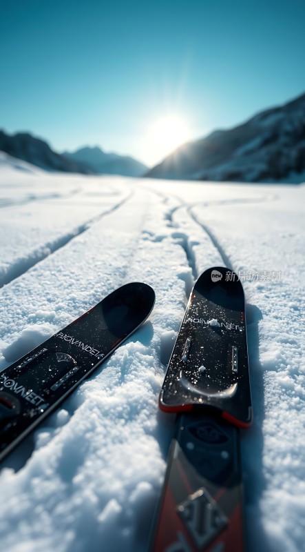 雪地上的滑雪板与阳光
