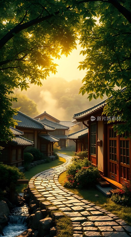 晨光中的古村落小径