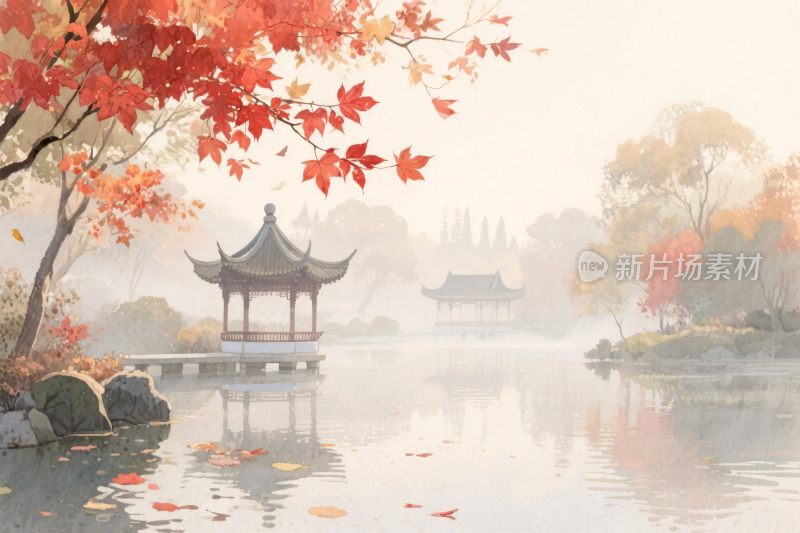 古风园林湖景插画