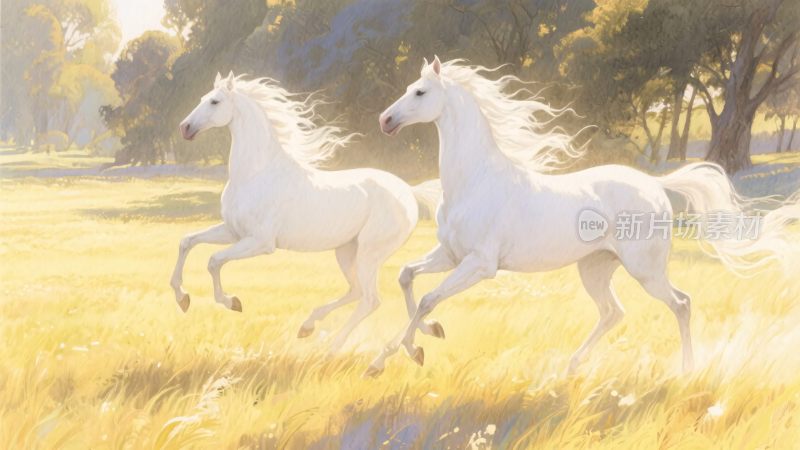 两匹白马在草地奔腾