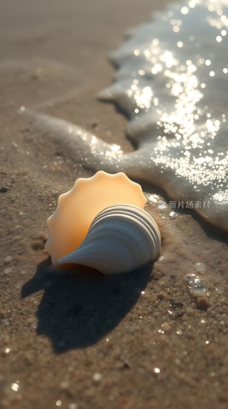 沙滩上的贝壳与阳光下的海浪