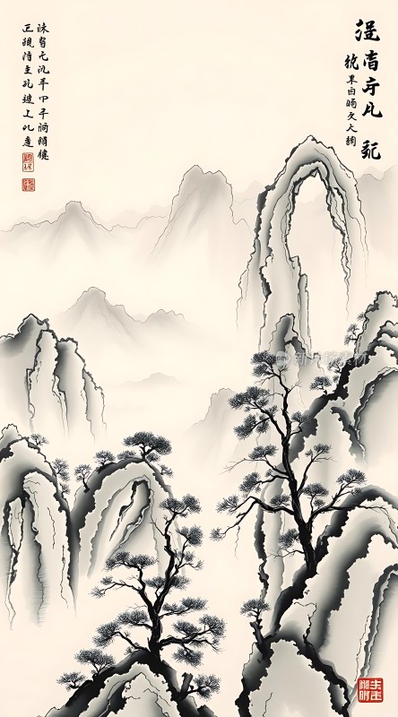 云雾缭绕的山峰与松树