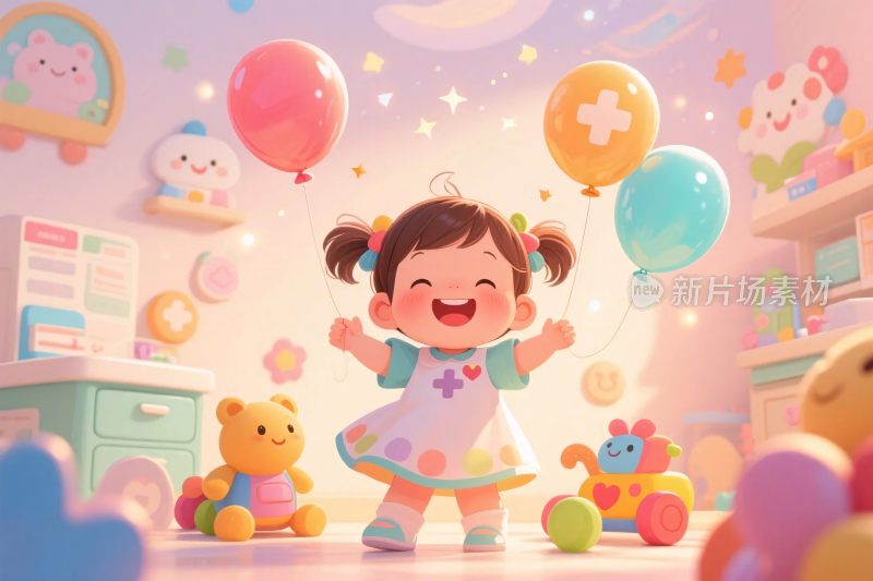 可爱女孩玩具气球插画