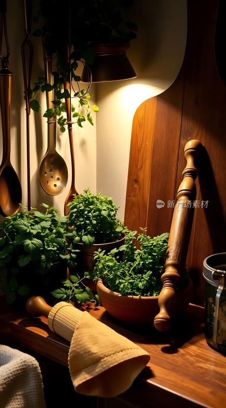 温馨厨房一角绿植与木制厨具相映成趣