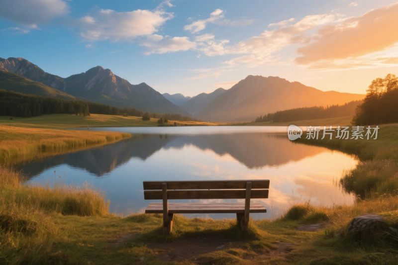 湖边长椅风景图