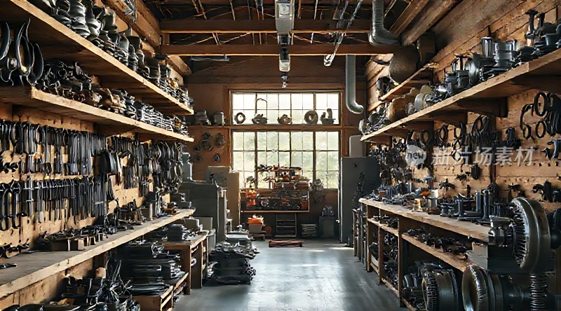 工具仓库整齐排列的工具和设备展示