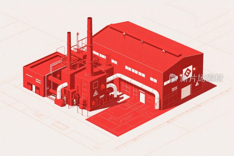 红色工业建筑等距插画