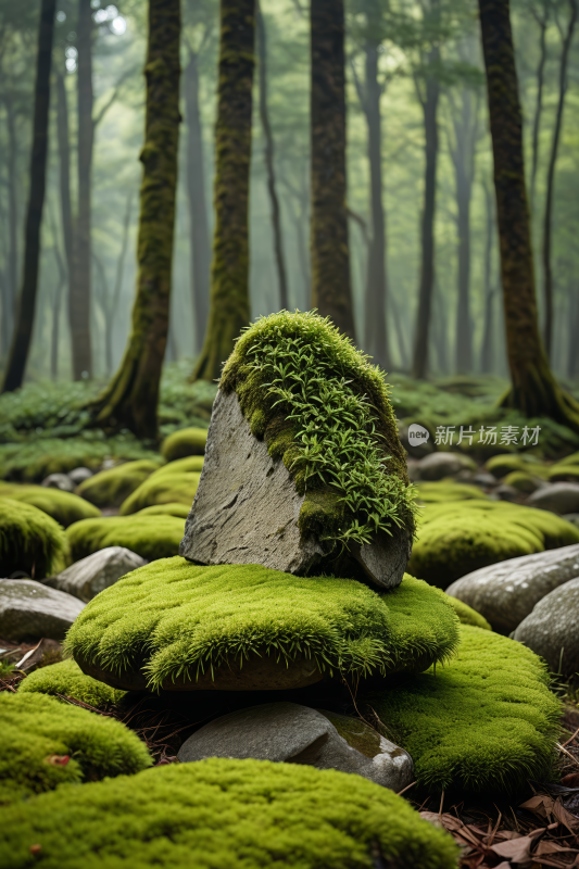 苔藓覆盖着森林中的岩石树木高清风景图片