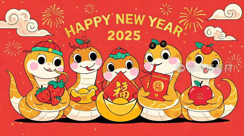 喜迎2025年新年快乐红色卡通生肖蛇拜年插画