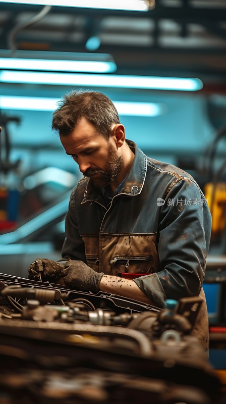 机械师专注检修汽车引擎