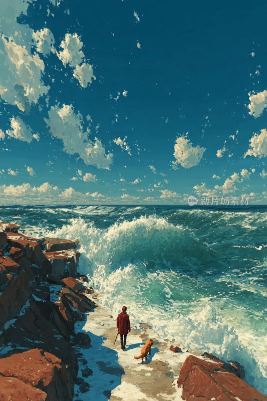 海边一人一狗观汹涌海浪