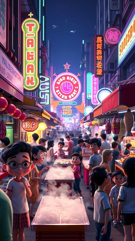 霓虹灯下的繁华夜市