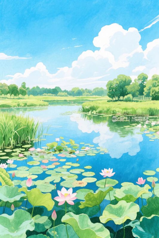 荷塘风景插画