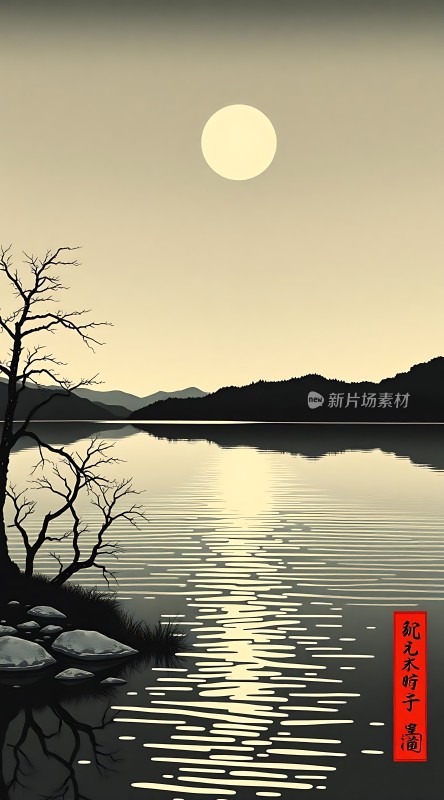 湖畔月影映波光孤树静立夜色中