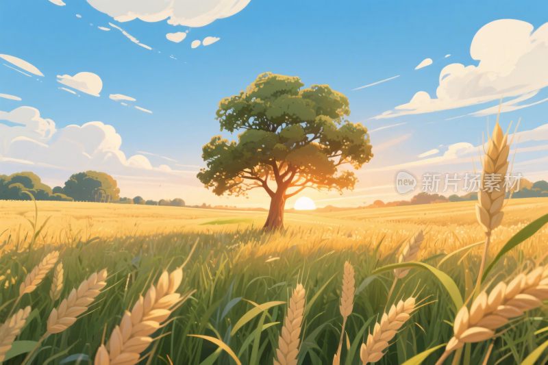 田园风景插画树与麦田