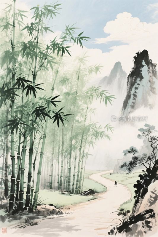 水墨山水竹林画