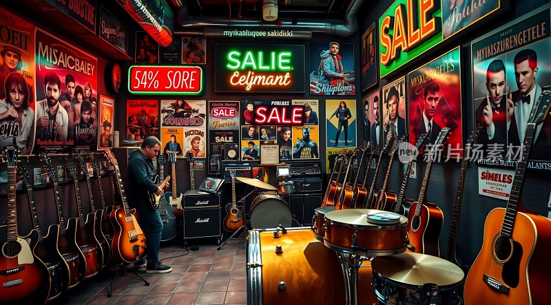 音乐商店里的吉他与架子鼓