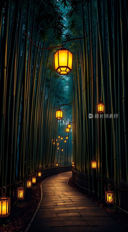 竹海夜行灯笼映径